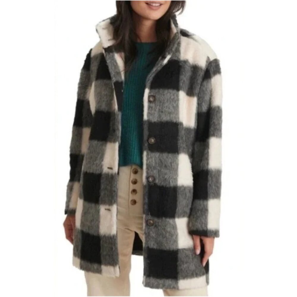 Marine Layer NWT Women's Black/White Buffalo Plaid STEPHANIE Cocoon Coat, XLarge